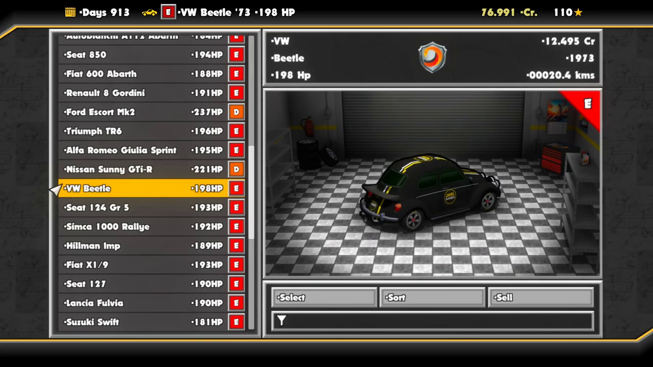 RALLY EDGEの車両選択画面に表示されたJarl Gamesのロゴ入りVW Beetle